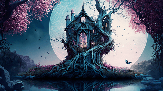 梦幻城堡背景图片_城堡树屋神秘梦幻插画背景