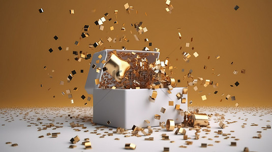 金色浪漫背景图片_带有金色五彩纸屑颗粒的时尚开放式礼品盒的 3D 渲染