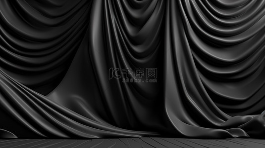 优雅的黑色背景，带有精致的褶皱窗帘和漩涡 3D 渲染，非常美丽