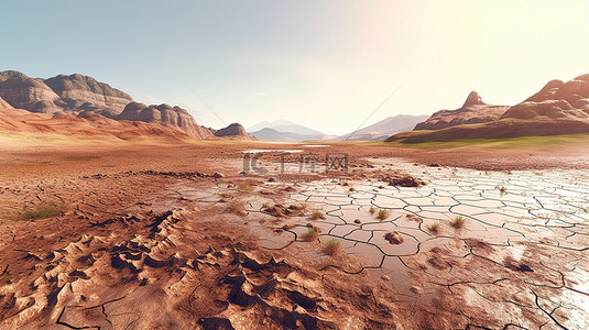荒凉的山脉和萎缩的湖泊反映干旱和环境危机3D渲染