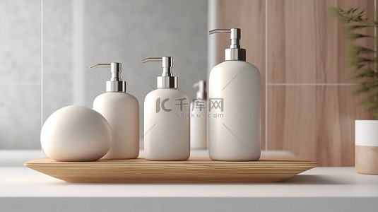 卫生用品背景图片_陶瓷瓶的 3D 渲染，配有浴室必需品的复制空间和桌面上的装饰毛巾