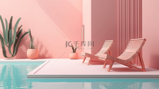 带游泳池和沙滩椅的粉红色夏日场景的简约 3D 渲染