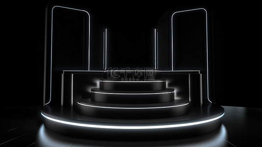 白色霓虹灯背景图片_白色霓虹灯照亮了 3D 渲染的黑色讲台