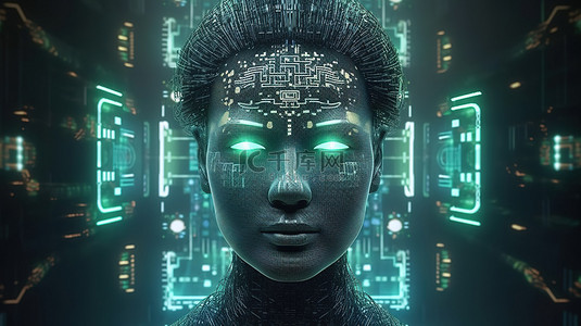 与机器人背景图片_韩国韩元货币的未来 3D 渲染与机器人抽象头和全息图技术