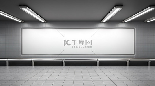 3D 渲染模型在空地铁站上展示您的广告，浅灰色空白墙上有导轨和深色地板前视图
