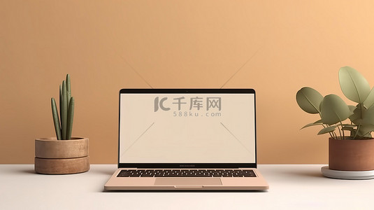 桌面背景咖啡背景图片_受潮人启发的 3D 渲染，在米色背景下的白色桌子上展示笔记本电脑屏幕模型