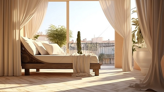 酒店房间背景图片_带 3D 渲染沙发床的露台酒店房间