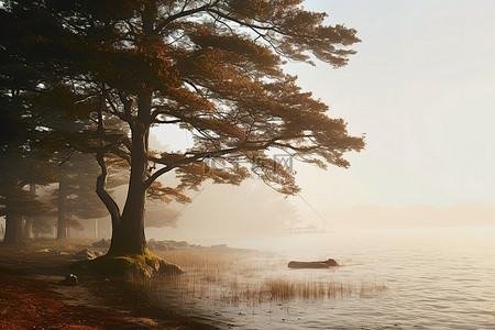 雾光背景图片_雾天的树木和水