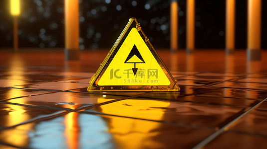 黄色警告标志的 3D 渲染，警告湿地板上的加密货币危险