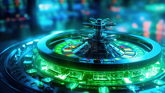 拉斯绿色背景图片_幸运游戏未来轮盘赌轮和筹码由蓝色和绿色霓虹灯 3D 渲染照亮