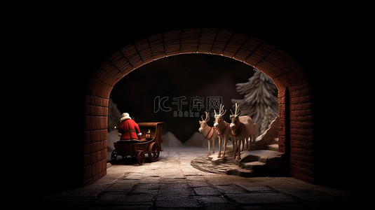 圣诞节明信片背景图片_3D 渲染圣诞老人和他的同伴乘坐雪橇从烟囱下降，有足够的空间放置徽标和文字