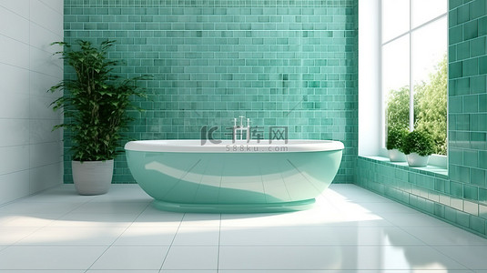 带瓷砖地板和浴缸的白墙绿色浴室的 3D 渲染