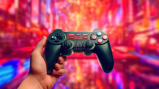 夹心海苔钻展图背景图片_街机视频游戏背景下的手握游戏控制器的 3D 渲染插图