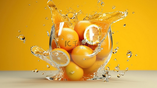 橙子果肉蒸馏成新鲜果汁的 3d 插图
