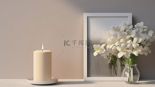 以白花和蜡烛为特色的垂直框架海报的特写 3D 渲染