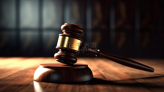 带有法官木槌的木制背景的 3D 插图，用于法律和正义概念