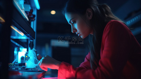 深夜实验室工作女工程师凭借技术和工程专业知识微调 3D 打印机组件