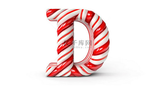 白色圣诞字母表集合中的红色条纹薄荷糖手杖字母 d 3d 渲染