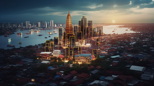 3D 渲染视觉效果描绘了泰国蓬勃发展的经济信息图表和社交媒体内容