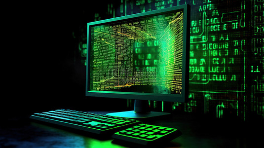 加密网络背景图片_计算机屏幕终端上的黑客代码流的 3D 渲染