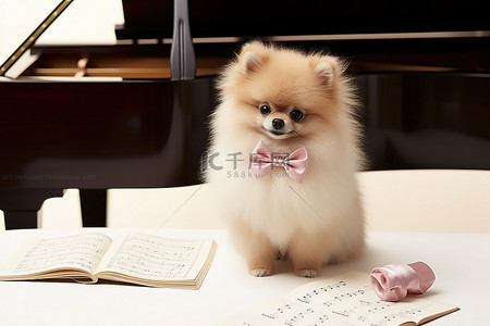 博文背景图片_钢琴附近戴着领结的小博美犬