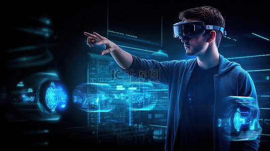 互联网背景图片_配备虚拟现实的男人与元宇宙世界 3D 渲染插图中的全息菜单互动