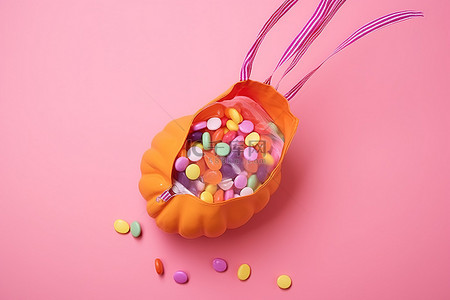 万圣节背景图片_粉红色背景中的南瓜袋糖果和糖果