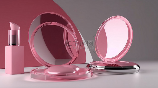 带镜子渲染的腮红化妆品图标的 3D 插图