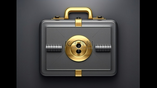 3D 渲染的灰色圆形钥匙按钮，金色标志性商务公文包