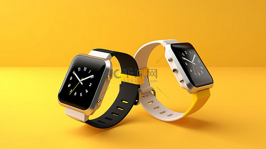 时尚的黄色背景展示了两款现代黑白智能手表，带 3d 设计的表带