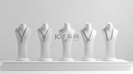 时尚珠宝背景图片_白色背景 3D 渲染上令人惊叹的项链和吊坠珠宝展示架