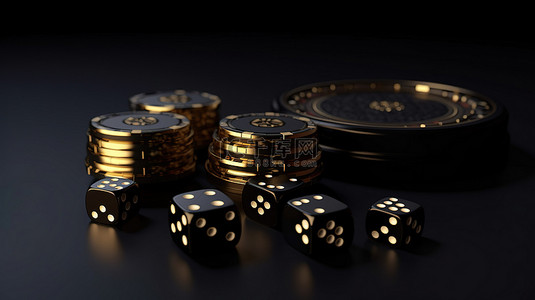 黑色背景下黄金镶嵌赌场筹码和深色骰子的 3D 渲染