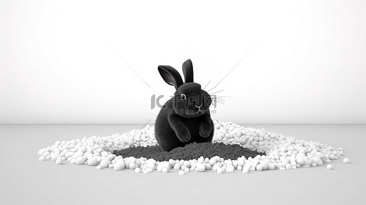 惊讶的兔子兔子背景图片_雪堆 3D 插图圆形地球表面与雪中的黑兔