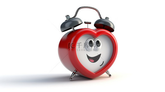 爱情白色背景图片_3D 渲染的闹钟吉祥物，白色背景上有一颗红心