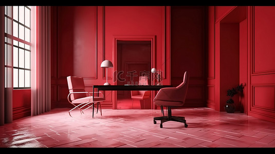 生活办公背景图片_红色和抛光现代豪华办公场景的 3D 渲染和插图与桌椅模型