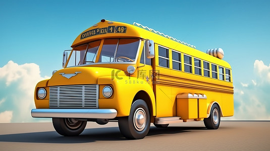 儿童旅行背景图片_用于运送儿童上学的校车的 3D 插图