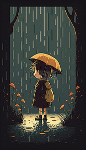 树小花雨中的打伞小男孩儿卡通可爱背景