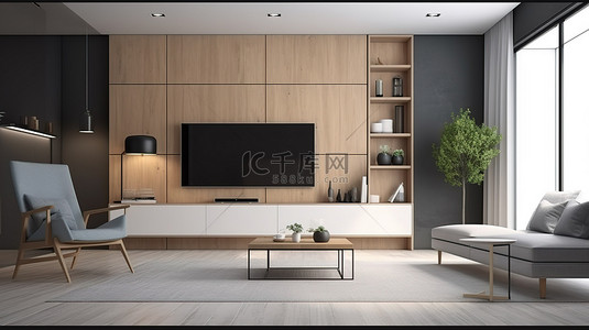 家庭背景图片_以 3D 方式可视化带有智能电视柜和扶手椅的现代客厅内部
