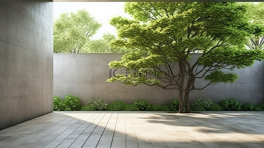 宁静庭院的 3D 渲染，绿洲被混凝土墙包围，拥有广阔的草坪和雄伟的树木