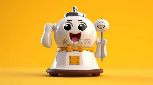 黄色背景上现代白色洗衣机吉祥物的酒店服务铃的 3D 渲染