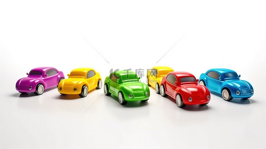 用 3d 渲染创建的白色背景中各种颜色的充满活力的卡通玩具车