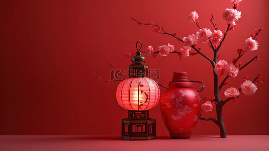 节日中国新年背景上发光的红灯笼和盛开的樱花 3D 渲染