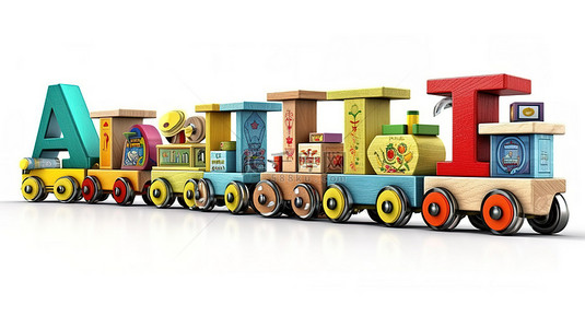 玩具火车上的彩色字母块与白色背景 3D 渲染