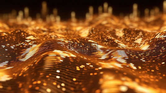 3D渲染中闪闪发光的金色波浪的充满活力的几何技术抽象背景