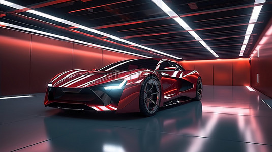 未来派车库中一个虚构品牌的红色跑车 3D 渲染