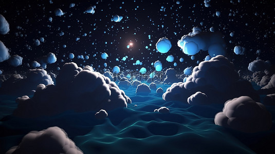 星空晚安背景图片_使用 3D 渲染创建的黑暗天空中的卡通云彩和星星