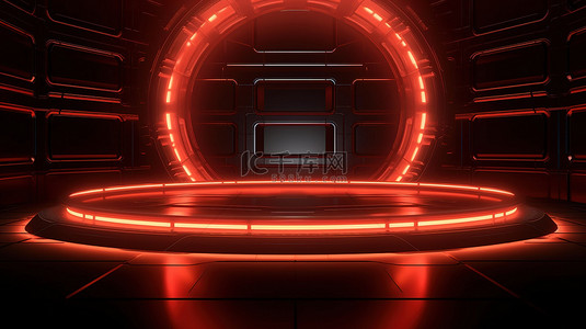 创造未来背景图片_反光墙和霓虹灯聚光灯在空荡荡的红色房间 3D 渲染中创造了一个未来派科幻舞台