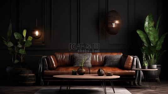 舒适客厅的 3D 渲染，配有棕色皮革沙发郁郁葱葱的植物和别致的咖啡桌