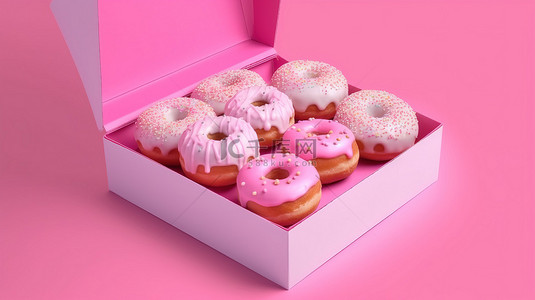 一盒甜甜圈，上面有 3D 呈现的令人愉快的粉红色糖衣