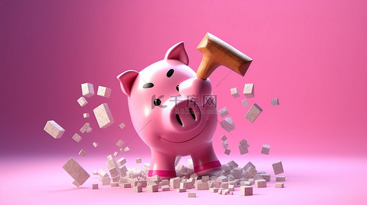 锤子即将敲击粉红色存钱罐的 3D 插图